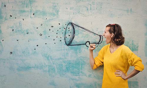 A person speaking confidently with a hand-drawn megaphone.