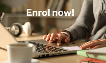 Close up of a student on a laptop with the words 'Enrol now!'