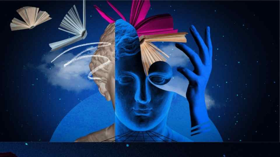 Abstract human antique statue and books.