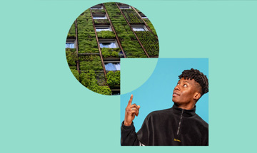 Banner for Sustainable World, featuring a student and a building with greenery growing from it.