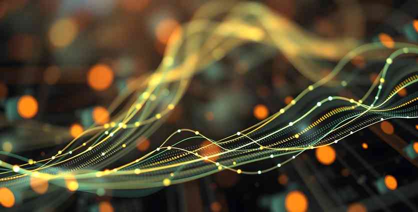 Abstract background with glowing yellow and green wavy lines and bokeh circles.