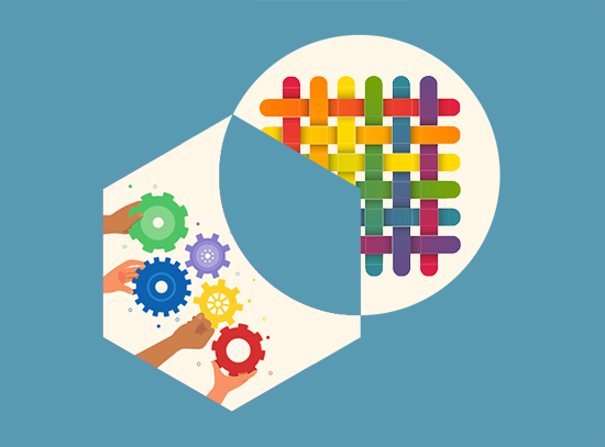 Colourful illustration of hands assembling gears connected to an abstract woven pattern,