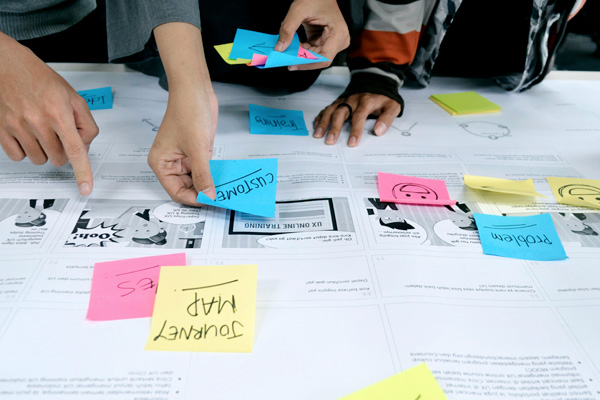 Interdisciplinary team planning with post-its.