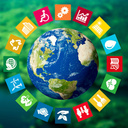 Image of the world, with the various images representing the sustainability development goals.