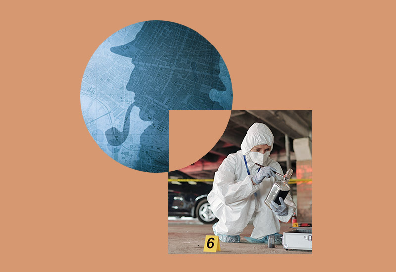 Sherlock Holmes and person in hazmat suit dusting a bottle.