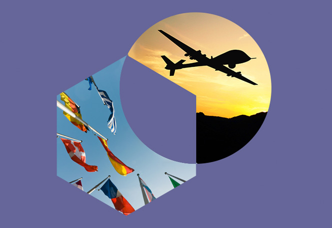 Unmanned drone and image of a number of international flags.