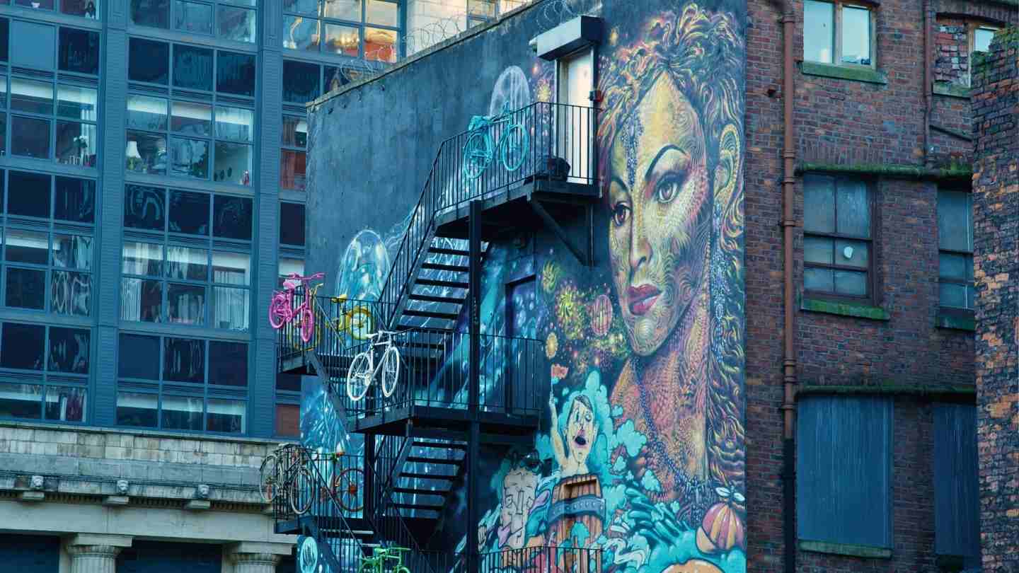 A building covered in artwork in the Northern Quarter, Manchester. 